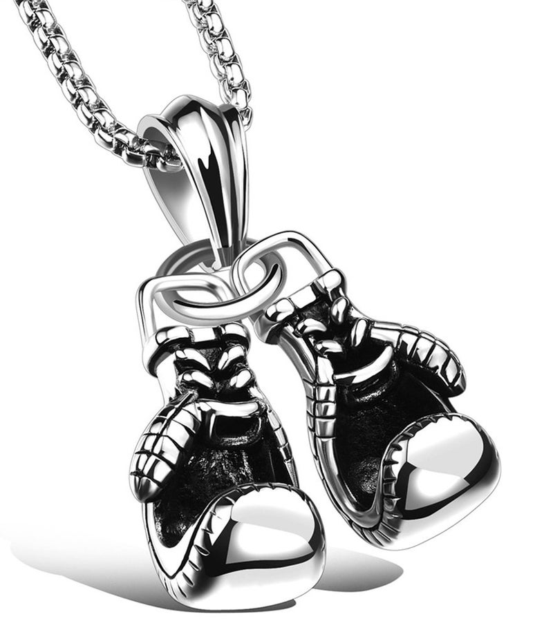 Hamoery Men Punk Stainless Steel Silver Boxing Gloves Chain Pendant Necklace(White) - Image 1